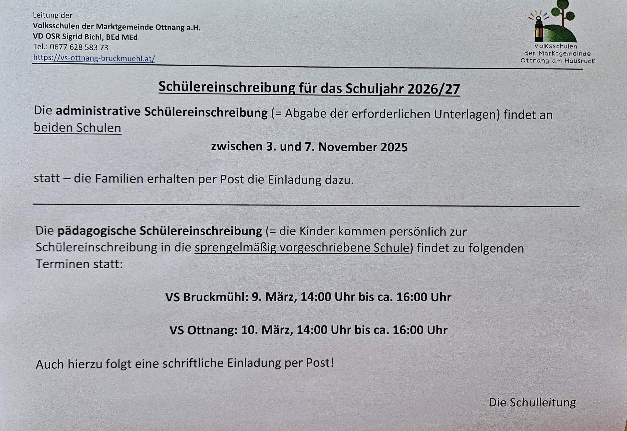 Schülereinschreibung 2026/27